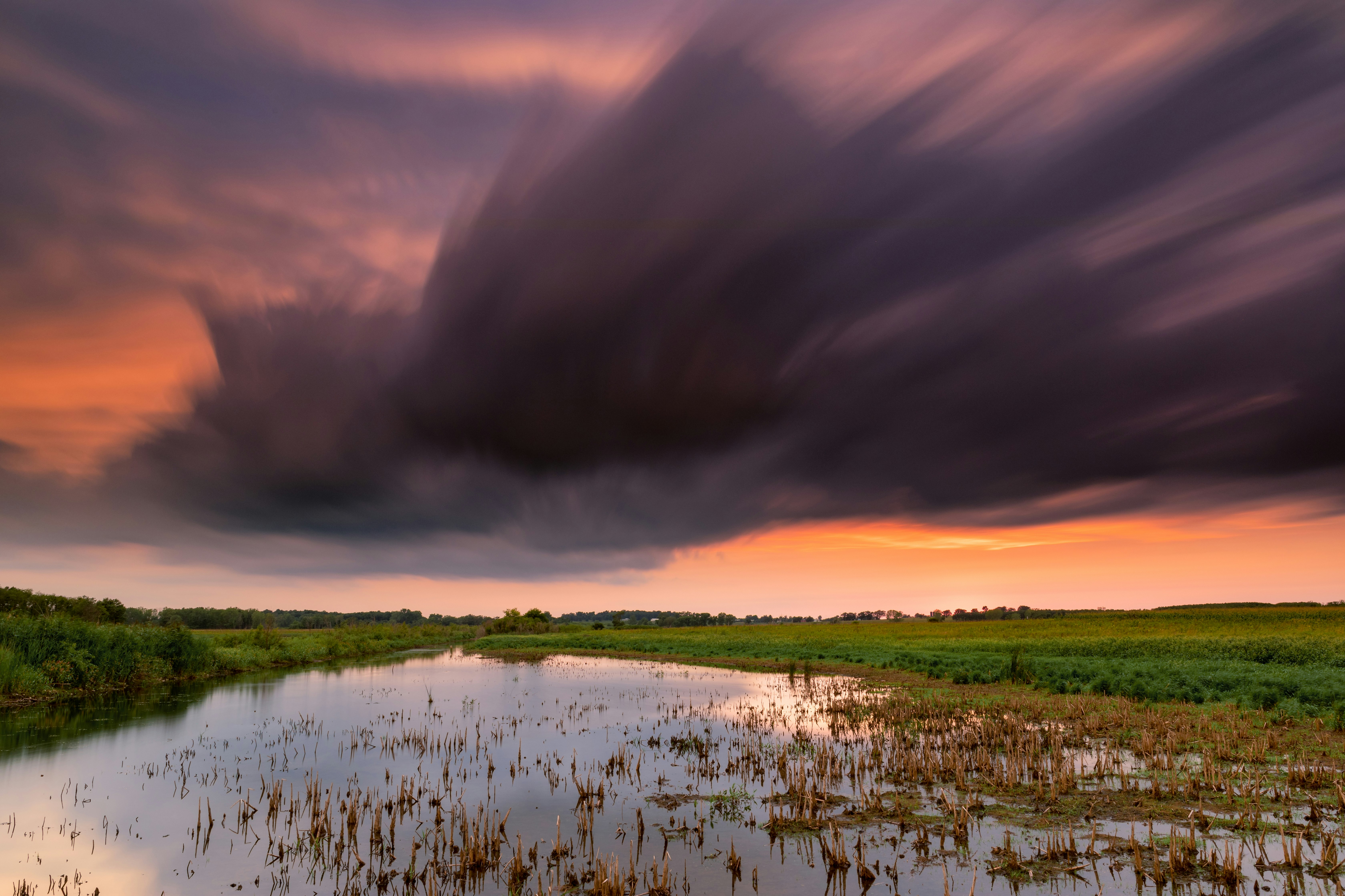 green grass field near body of water under cloudy sky during daytime